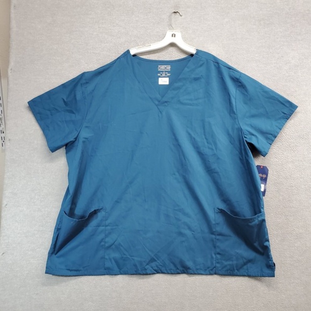 Cherokee Women Scrub Top 4XL Blue Pockets Short Sleeve V Neck NWT